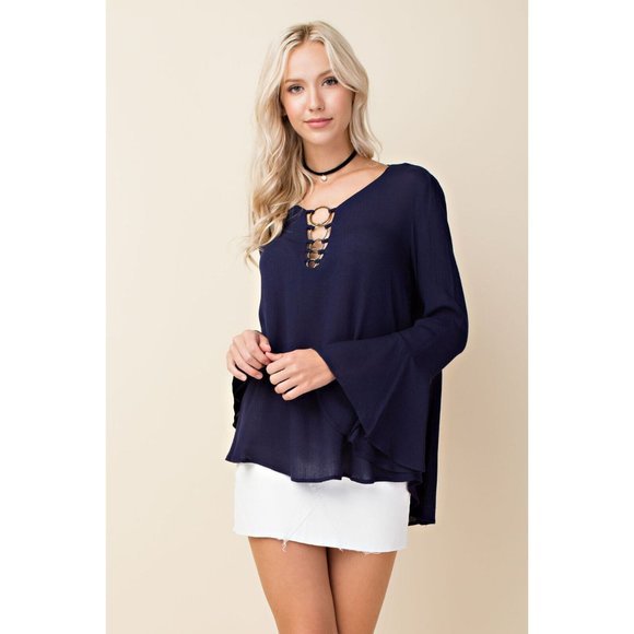 Women's Solid Bell Sleeve Top With Front Ring Detail Blouse Super Cute & Comfy - Picture 2 of 8